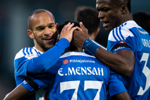 HJK vs Inter 3.4.2019 - Nikolai Alho, Evans Mensah, Faith Obilor. Kuva: Jussi Eskola.