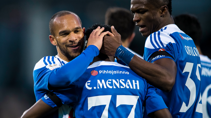 HJK vs Inter 3.4.2019 - Nikolai Alho, Evans Mensah, Faith Obilor. Kuva: Jussi Eskola.